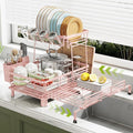2-Tier Expandable Dish Drying Rack, Kitchen Counter Pink | Large Capacity Kitchen Organization, Heavy-Duty Carbon Steel, Swivel Drain Spout, Cup Hooks & Utensil Holder by Nfnoyp