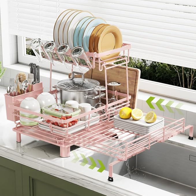 2-Tier Expandable Dish Drying Rack, Kitchen Counter Pink | Large Capacity Kitchen Organization, Heavy-Duty Carbon Steel, Swivel Drain Spout, Cup Hooks & Utensil Holder by Nfnoyp