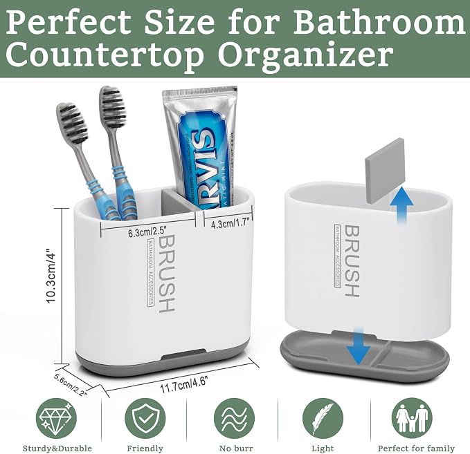 Toothbrush Holders Toothpaste Organizer for Bathrooms, White, Small | 2 Slots, Easy to Clean, Plastic, Kids Electric Toothbrush, Drainage, Removable, For Bathroom, Vanity, Kitchen Sink, Office - Image 3