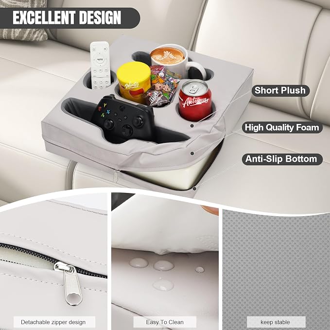 Couch Cup Holder Pillow Tray - Sofa Drink Cup Holder Cozy Buddy | Bed Caddy Organizer for Remote, Snacks Beverage, Phones, Tablet | Use it on Car, Pack, Beach, RV, Boat, Bedroom (Silvergrey) - Image 2