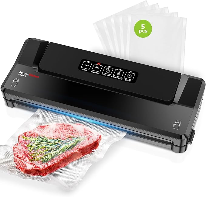 Bonsenkitchen Vacuum Sealer Machine With 5 Vacuum Bags,Black | Compact Food Sealer for Sous-Vide & Meal Prep,Multiple Modes,External Vacuum System,6x Longer Freshness by Bonsenkitchen