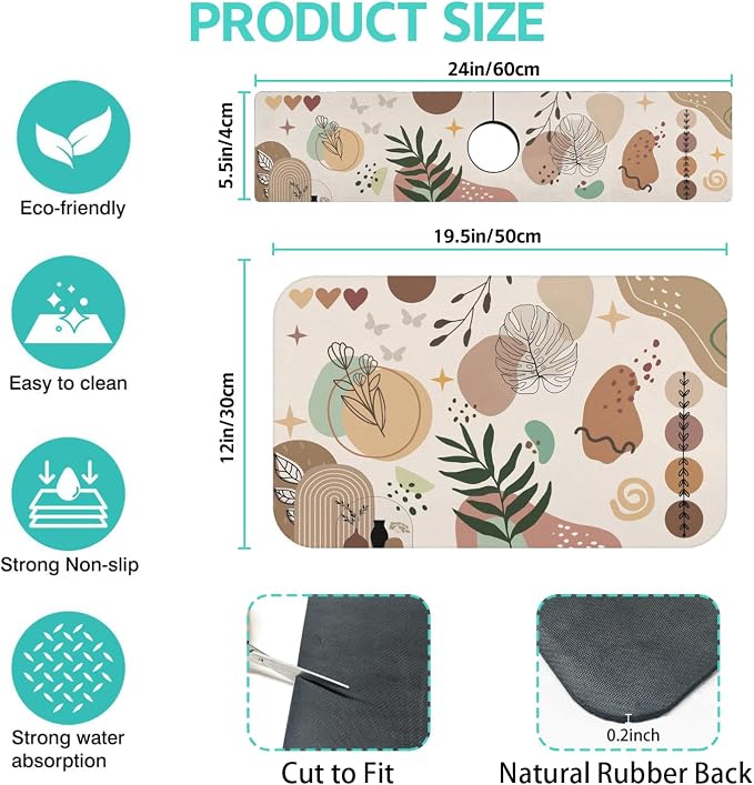 Dish Drying Mat for Kitchen Counter Matt, 2PCS 19"x12" Dish Drainer Mat & 24"x5.5" Sink Splash Guard, Super Absorbent Non-slip Rubber Backed - Image 2