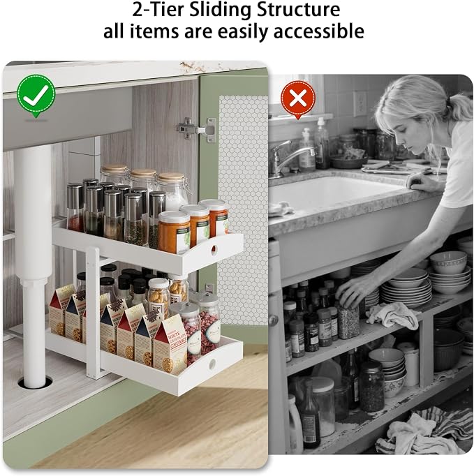 2 Pack Bamboo Under Sink Organizer, 2-Tier Pull-Out Drawers, Kitchen & Bath | Pull-out drawers keep cleaners and tall bottles visible, organized and easy to reach in kitchen or bathroom cabinets - Image 7