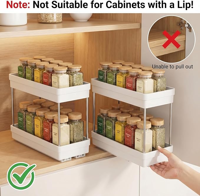 Pull Out Spice Rack, 2 Pack 2-Tier Cabinet Organizer, White | Kitchen Pantry Slide Out Seasoning, Fits Cabinets 12"H x 11"D x 5"W - Image 4