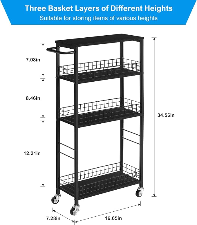 YBING Slim Storage Cart Kitchen Rolling Utility Cart on Wheels 4 Tier Mobile Narrow Cart with Wood and Metal Handle Slide Out Storage Shelving Unit Cart for Kitchen Living Room Small Places Black - Image 8