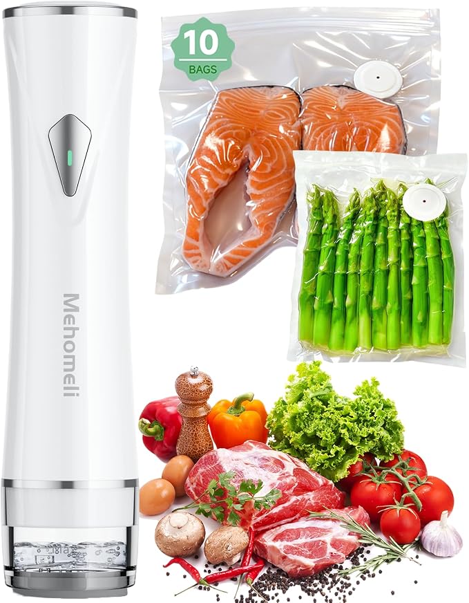 Compact Handheld Vacuum Sealer for Food with 10 Reusable Bags | Powerful 60 kPa suction, Keeps food fresh up to 6X longer, Cordless handheld design, Ideal for meal prep and food storage by Mehomeli