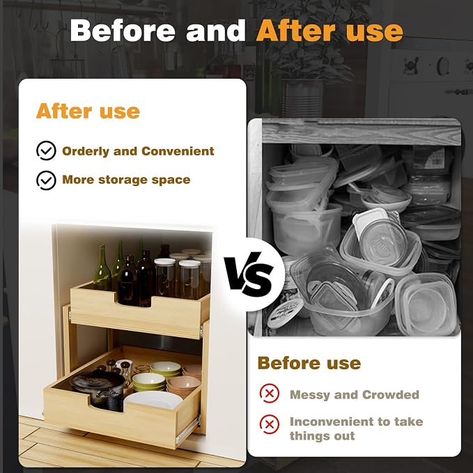 Pull Out Cabinet Organizer, 26''W×21''D Sliding Drawers for Cabinets, 2 Tier Soft Close Slide Out Wooden Pull out Drawers, Base Cabinet Organization for Kitchen, Pantry, Bathroom - Image 6