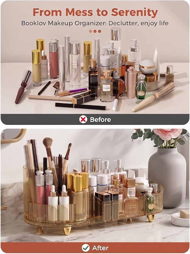 Booklov Rotating Makeup Organizer for Vanity Countertop, Amber | Clear Acrylic Cosmetic Display Case, Large Beauty Brush Holder for Bathroom Counter, Skincare Lipsticks Storage - Image 6