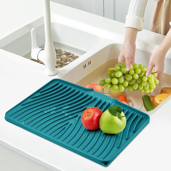 TIKNIK Silicone Dish Drying Mat for Kitchen Counter, Green-1pcs, 16" x 12" | Heat Resistant & Non-Slip Dish Drain Pad with Built-In Drain, Dishwasher Safe, Quick-Dry, Hangable & Roll-Up for Storage - Image 7