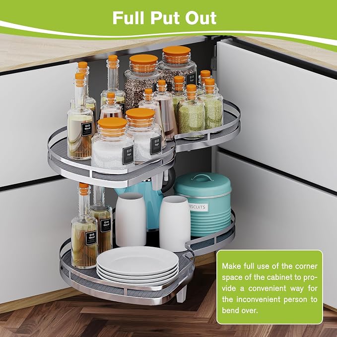 Blind Corner Cabinet Pull Out Organizer, Soft Close Swing Left Pull Out Cabinet Organizer 26 inch, Corner Cabinet Lazy Susan for Cabinet Blind Shelf, 2 Tiers Tray, Adjustable Height - Image 6