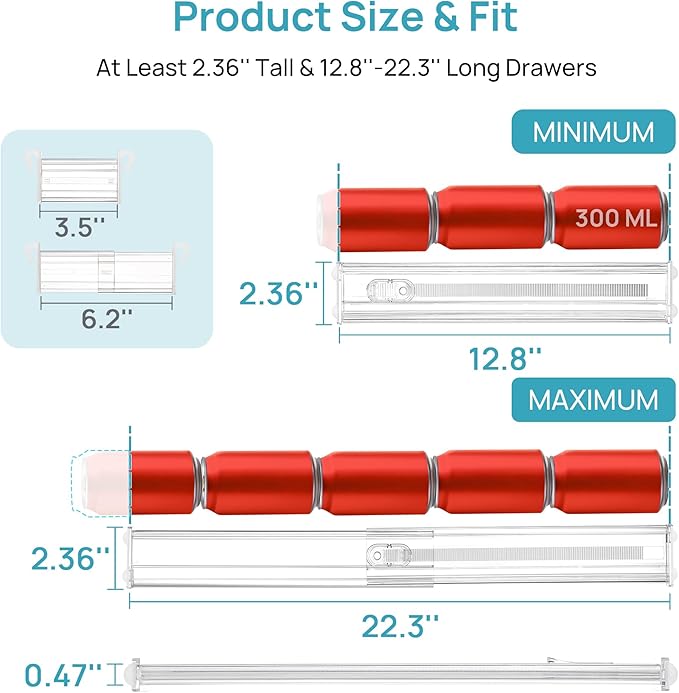 Vtopmart 2.36" Drawer Dividers with Expandable Inserts, 12.8"-22.3", 6 Pack | Adjustable Kitchen Drawer Organizer, Clear Organizer Separator for Flatware, Utensil, Cutlery, 6 Dividers with 10 Inserts - Image 7