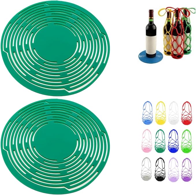 Multi-Use Silicone Storage Bag & Organizer,Multifunctional Mesh Coaster,Silicone Wine Carrier,Reusable, Foldable, Portable Coaster for Wine Bottles, Cups, Hot Dishes,and Beverages(2pcs Dark Green) by Unknown