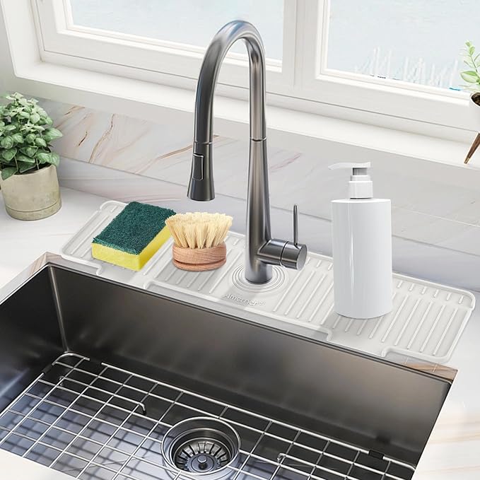 Kitchen Sink Splash Guard, 20IN Longer Silicone Faucet Guard & Draining Mat, Bathroom and Kitchen Sink Organizer, Sink Faucet Mat Water Splash Guard Behind Faucet Accessories Gadget, 20” x 5.5”, White by Amerner