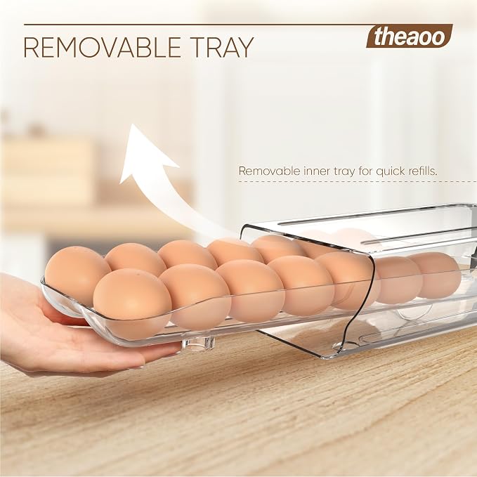theaoo Egg Holder for Fridge, Automatic Rolling Egg Container, Clear, 1Pack | Quick Removable Inner Tray For Easy Egg Loading. Stackable Egg Dispenser For Refrigerator Storage and Organization - Image 4
