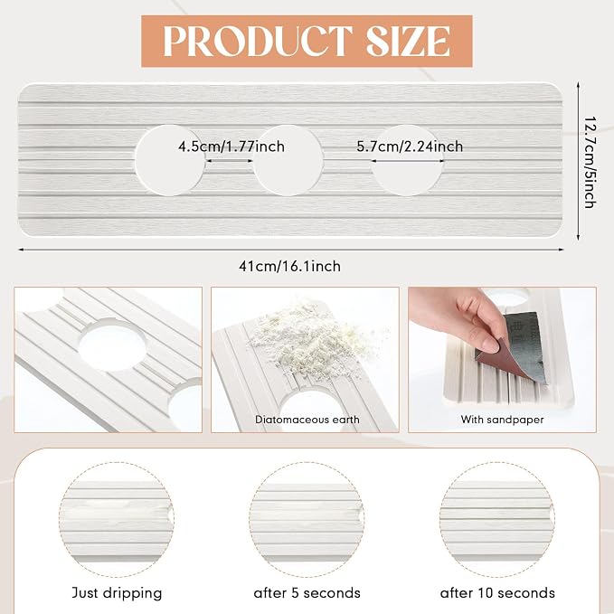 Teenyyou 3 Square Hole White Faucet Mat Kitchen Sink 16.14" x 4.49" | Bathroom Faucet Absorbent Mat,Diatomite Splash Guard,Quick Drying Drip Catcher,Hole 1.97",Holes Spaced About 1.97" - Image 2