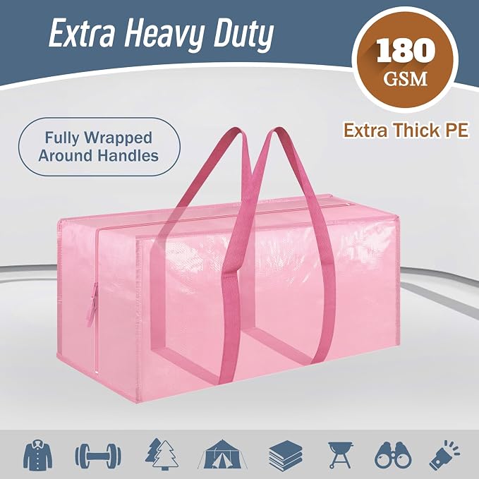 6 Pack Extra Heavy Duty Large Moving Bags with Strong Zipper, Pink | Comfortable Handles, Sturdy & Durable Clothes Storage Bags Totes Bins, Blue Packing Moving Boxes for College Supplies - Image 2