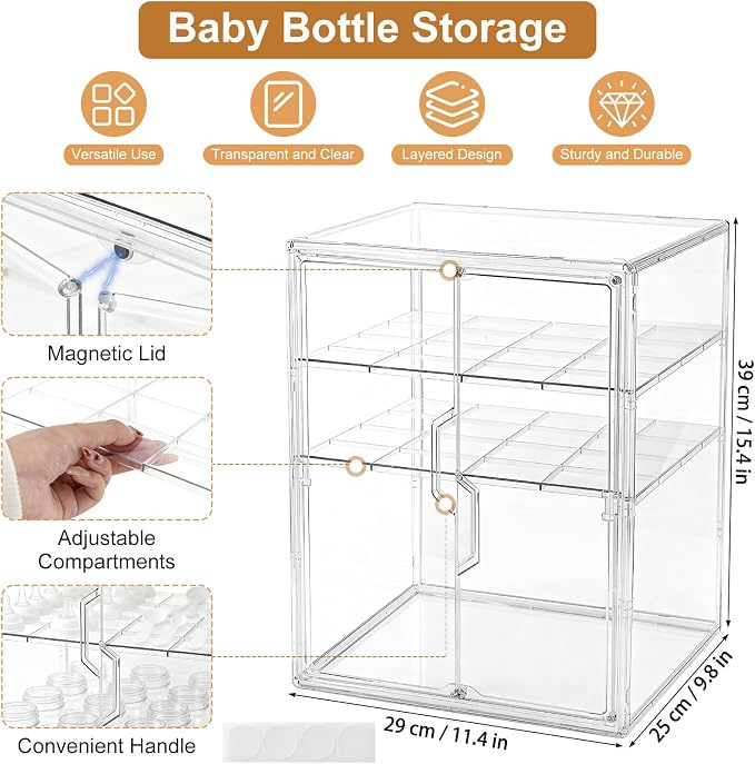 ERTIUANIO Baby Bottle Organizer for Countertop Cabinet Storage | 3 Tier Adjustable Clear Acrylic Station Container with 2 Removable Dividers for Vanity, Bathroom, Nursery, Gifts for New Mom - Image 2