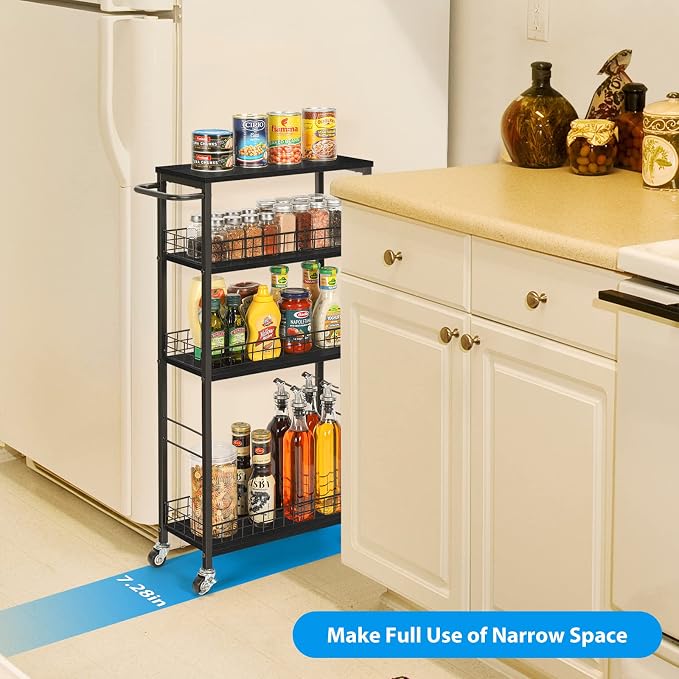 YBING Slim Storage Cart Kitchen Rolling Utility Cart on Wheels 4 Tier Mobile Narrow Cart with Wood and Metal Handle Slide Out Storage Shelving Unit Cart for Kitchen Living Room Small Places Black - Image 2
