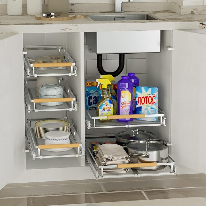 SANNO Pull Out Cabinet Organizer, Slide Out Drawers for Kitchen Cabinets, Expandable 12.1“ to 18.4" W fit for most cabinets - Image 4