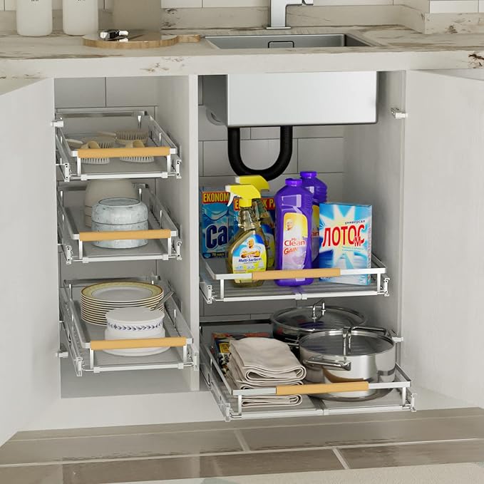 SANNO Pull Out Cabinet Organizer, Kitchen Sliding Shelf Under Sink Shelf, Expandable Drawer Shelves with Sliding Steel Metal Cabinet Drawers Slide Out, Chrome Finish，Expandable 12.1 to 18.4" W - Image 5