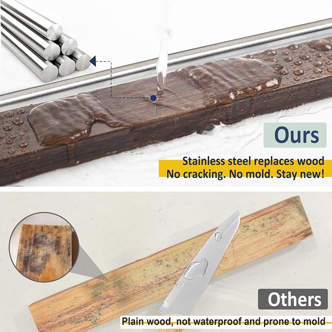 12 Inch Magnetic Knife Holder for Wall - Stainless Steel Magnet Knife Strip No Drill with 5 Hooks/Adhesive Tape/Screws, Wall Mounted Kitchen Utensil Holder, Walnut-Finish Magnetic Knife Organizer - Image 3