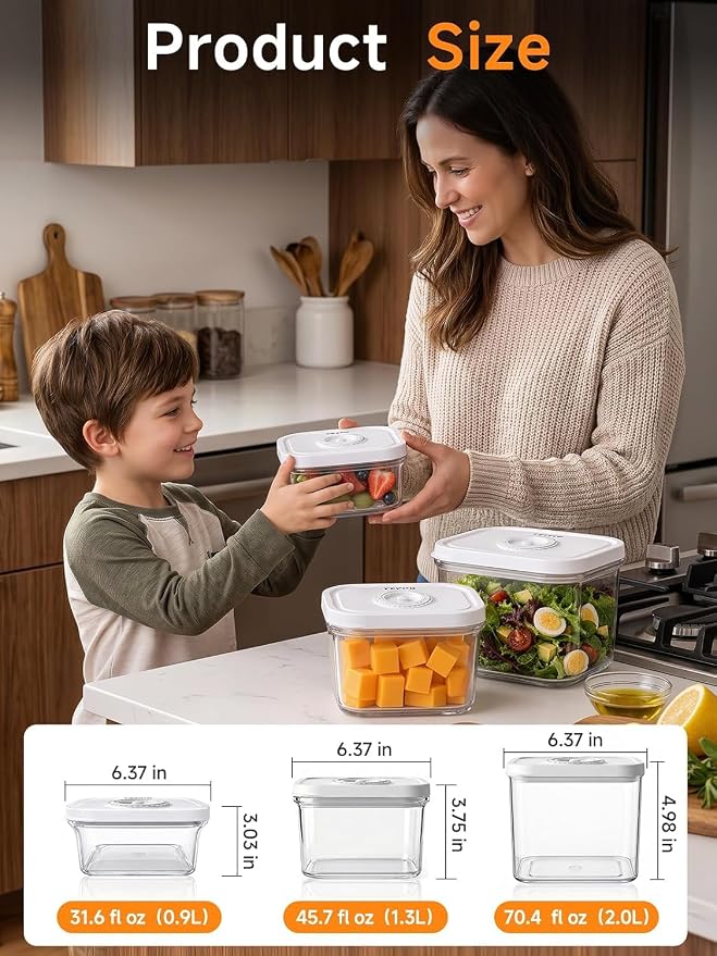 FEPPO Vacuum Sealers Containers for Food Storage, 3 Pcs Set [1* Small, 1* Medium, 1* Large] Works with Handheld Compact Vacuum Sealer Machine for Fridge, Freezer & Pantry, BPA-Free, Date Tracking Lid - Image 7
