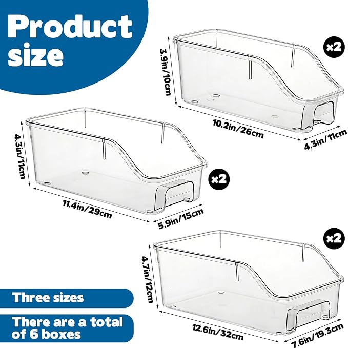 6 Packs Clear Freezer Organizers and Storage Bins with Handle, Stackable Storage Bins Open Front Pantry Bins for Storage and Organization for Bathroom Kitchen Refrigerator Pantry - Image 2