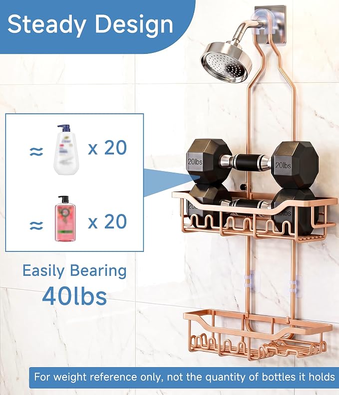 Upgraded Extended Length Shower Organizer with Hooks, Rustproof Shampoo Soap Holder, Large Hanging Bathroom Caddy, Rose Gold - Image 5