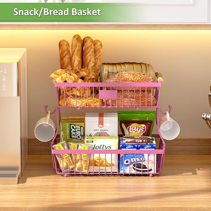 2 Tier Fruit Basket for Kitchen Counter with 2 Banana Hangers, Countertop Metal Fruit Bowl with Wooden Handle, Large Storage Stand for Vegetables, Snacks, Breads, Produce Storage – Rose Pink - Image 2