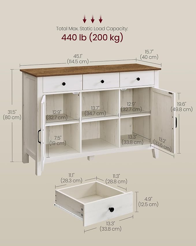 VASAGLE LIRY Collection - Coffee Bar Cabinet, Kitchen Storage Cabinet with 3 Drawers, Farmhouse Sideboard with Adjustable Shelf for Kitchen, Rustic White and Honey Brown UBBK371W01V1S - Image 3