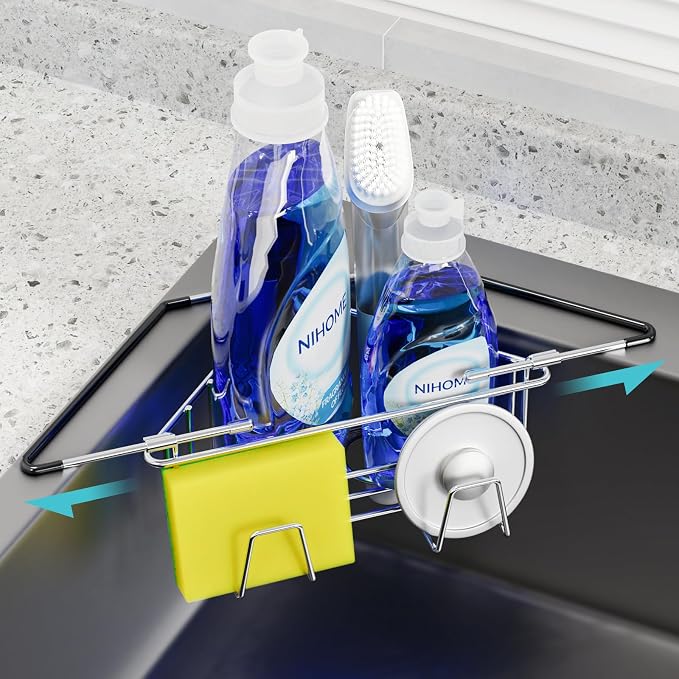 NiHome Sponge Holder for Kitchen Sink, Adjustable Corner Caddy, Silver | Rustproof 304 Stainless Steel Storage with Extendable Arms and Open Drainage for Rapid Drying of Brushes and Soap Bars by NiHome