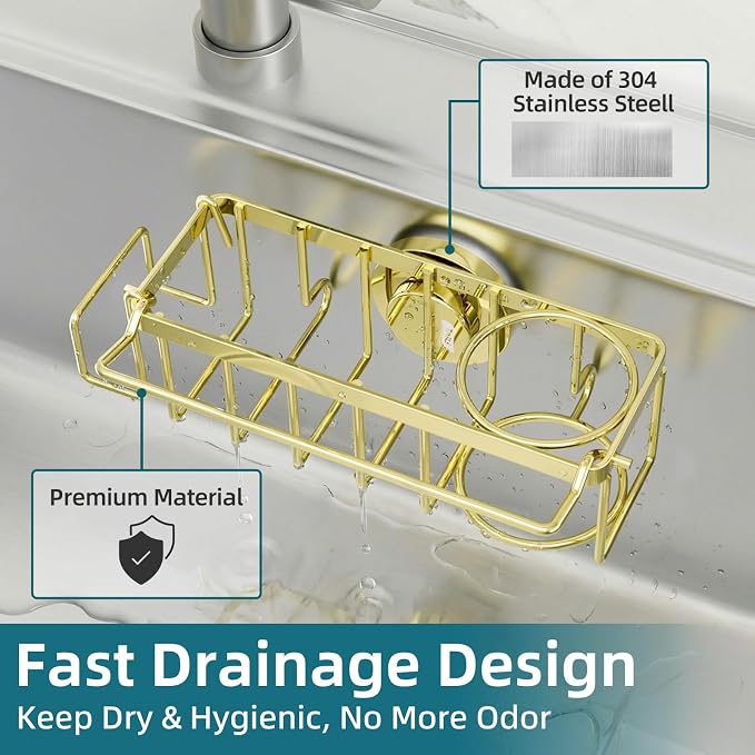 TAILI 4-in-1 Sink Caddy for Kitchen Sink with Strong Suction Cup-Gold | Removable Sponge Holder for Kitchen Sink Organizer, Rustproof 304 Stainless Steel Holder for Sponge, Brush, Scrubber, Scraper - Image 4