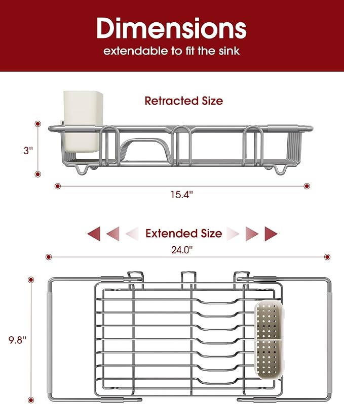 Sakugi Dish Drying Rack in Sink - Expandable Stainless Steel Dish Rack Over the Sink, Kitchen Sink Drain Strainer with Cutlery Holder & Cup Holders, 15.4 x 9.8 x 3.0 Inch, Silver - Image 3