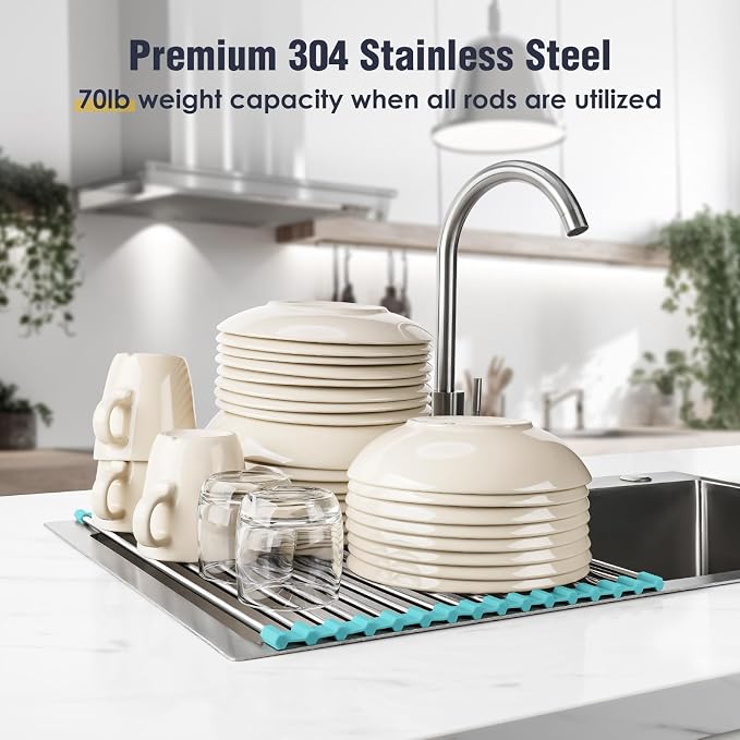 Tomorotec Roll Up Dish Drying Rack Over Sink, 304 Steel, 17.7x12.5, Green | Anti-Slip Silicone Rims For Grip, Heat-Resistant Trivet Mat Holding Heavy Cookware, Rustproof Kitchen Counter Space Saver - Image 5