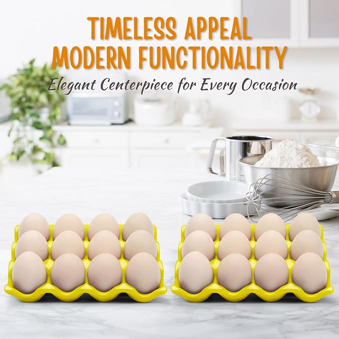 Flexzion 12 Cups Ceramic Egg Holder for Fridge - Dozen Ceramic Egg Tray Porcelain Container Storage Organizer Decorative Serving Stand Serveware for Refrigerator Countertop Display (Yellow, 2 Pack) - Image 5