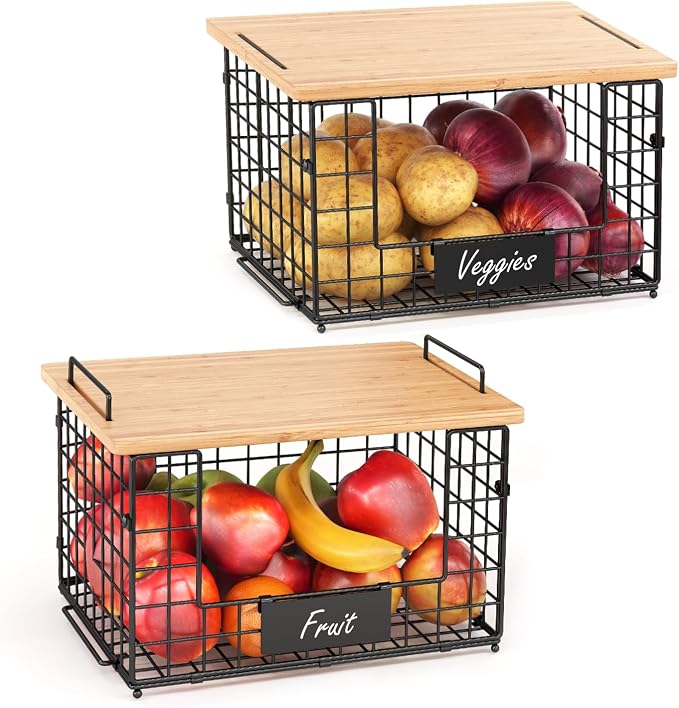 2 Pack Stackable Wire Baskets with Bamboo Top,Pantry Organizers Counter | Potato and Onion Storage Bin with Labels & 2 Pads, Kitchen Organization for Fruit, Vegetable, Produce, Bread, Cabinet - Image 6