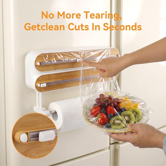 Kitchen Plastic Wrap Dispenser with Cutters Organizer, 3 in 1 Magnetic Foil and Plastic Wrap Organizer with Paper,Sliding Cutter, Fridge Or Wall Mount Storage - Image 3