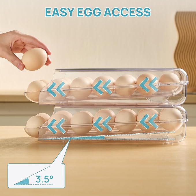 Vtopmart 2 Pack Egg Holder for Fridge, Automatic Rolling Egg Container | Stackable Clear 14-Count Eggs Organizer with Removable Inner Tray, Egg Storage for Refrigerator, Space Saving - Image 4