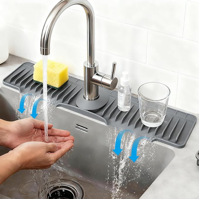 24" Silicone Faucet Mat for Kitchen Sink of The Lastest, Dark Grey | 8° Slope Fast Self-draining, Kitchen Sink Water Splash Guard, Behind Faucet Draining Mat, for Bathroom Kitchen Sink Area by Unknown