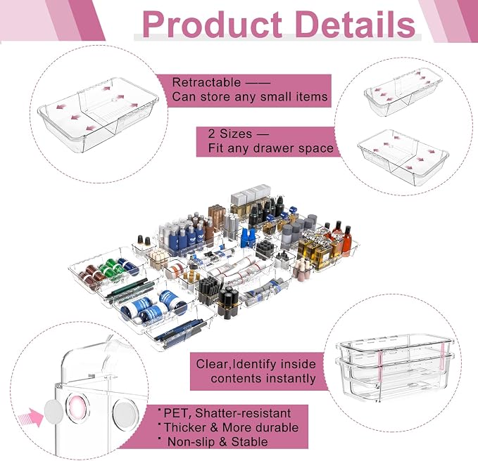 16 Pcs Upgraded Extendable Clear Drawer Organizer, Adjustable Vanity Storage Box, 3-Size Desk Drawer Organizer, Durable Storage Bins for Makeup, Cosmetic, Bedroom Dressers Tool Organizer for Gadgets - Image 4