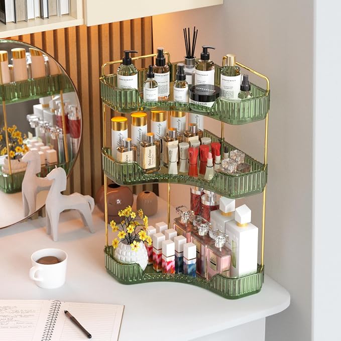 GTI 3-Tier Corner Bathroom Counter Organizer, Large Capacity Makeup Organizer Countertop, Perfume Cosmetics Skincare Vanity Organizers, Exquisite Countertop Storage for Women (Green) - Image 7