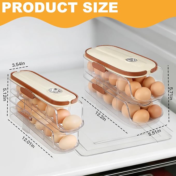 Egg Holder For Fridge, Egg Container for Refrigerator,Double Column | With Lid And Handle, BPA-Free Detachable Tray, Timer Tracker, Automatic Rolling for Kitchen, Outdoor - Image 2