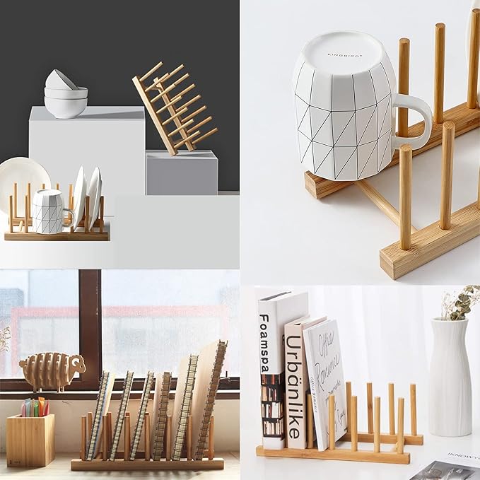 Bamboo Wooden Plate Racks Dish display Holder Kitchen Storage, Pack of 4 | Cabinet Organizer for Dish / Plate / Bowl / Cup / Pot Lid / Cutting Board/ Book (vertical) - Image 2