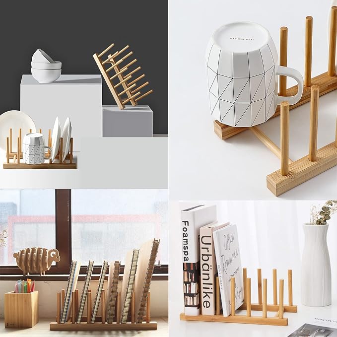 Bamboo Wooden Plate Racks Dish display Holder Kitchen Storage, Pack of 2 | Cabinet Organizer for Dish / Plate / Bowl / Cup / Pot Lid / Cutting Board/ Book (vertical) - Image 5