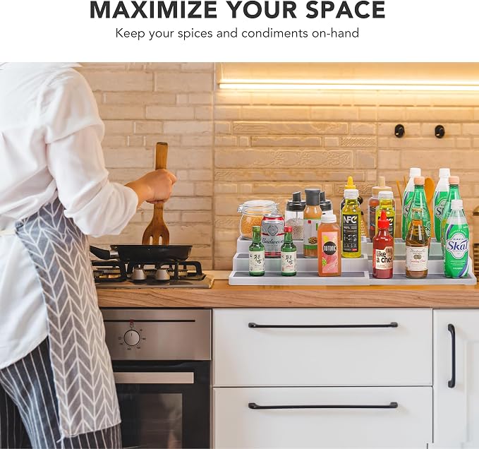 CiWiVOKi 3 Tier Expandable Spice Rack Organizer, Plastic Spice Rack, Adjustable Length 14.6In-25.8In, Non-Skid Tiered Spice Shelf Organizer for Kitchen Cabinet, Cupboard, Pantry, White/Grey - Image 4