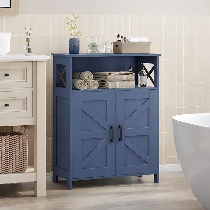 Homhedy Farmhouse Bathroom Storage Cabinet with Doors, Small Floor Cabinet | Toilet Paper Cabinet with Adjustable Shelf, Freestanding Storage Cabinet for Kitchen/Laundry/Living Room, 24"W, Blue - Image 2