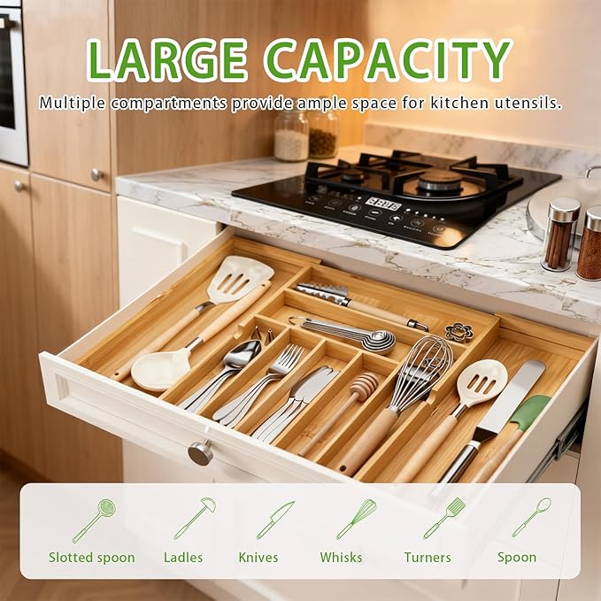Bamboo Expandable Silverware Drawer Organizer, Adjustable Utensil Tray Cutlery Holder for Kitchen Drawer, Flatware Storage Organizer for Spoons, Forks and Knives, Natural (5 Slot,) - Image 2