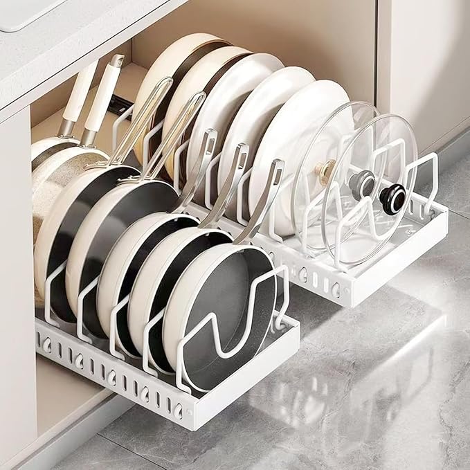 2 Pack Pull Out Pots and Pans Organizer for Cabinet & Countertop, Kitchen Cabinet Organizer with 8 Adjustable Dividers, Storage for Pot Lid, Dishes, Bakeware, White - Image 8