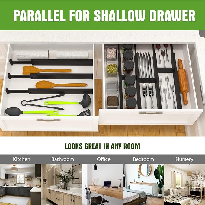 Bamboo Drawer Dividers Organizers, Expandable Drawer Separators Splitter,17-22 inches Long Adjustable Spring-loaded Organizer for Large Utensil, Clothes, Tools Drawers (Black) - Image 5