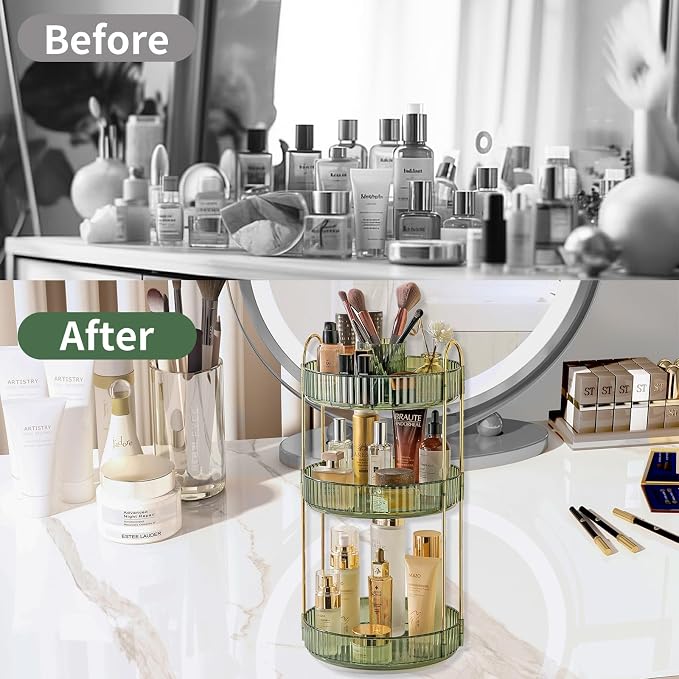 Asayuee 360 Rotating Makeup Organizer,3 Tier Large Capacity Make Up Organizers and Storage,Skincare Perfume Vanity Organizers,Bathroom Cosmetics Storage Organizer Countertop (Green) - Image 4